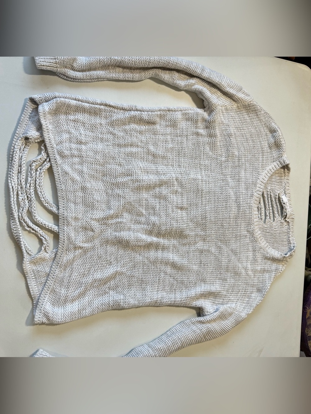 Harper Cream Knit Scoop Neck Sweater with Distressed Back